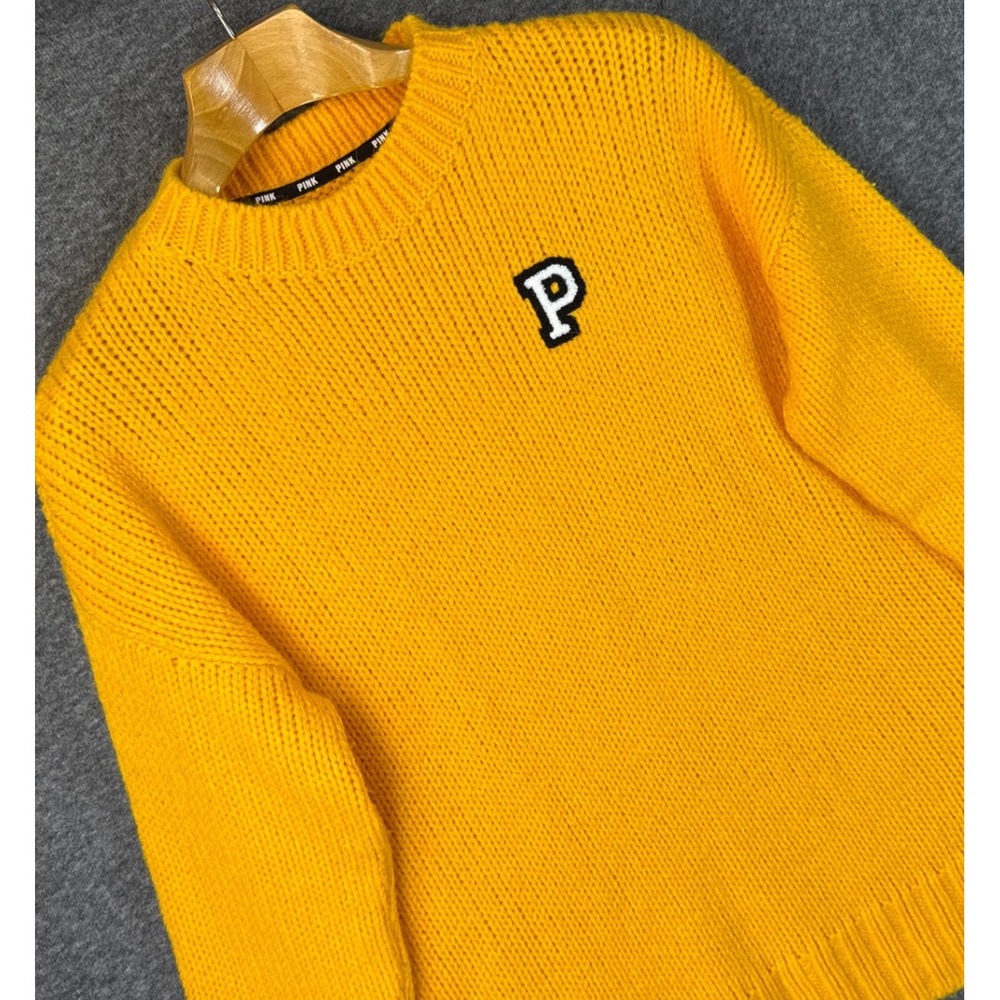 Stunning PINK Victorias Secret Yellow Chunky Knit P Logo Sweater Small Oversized